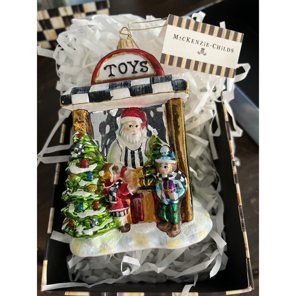 Mackenzie Childs Santa’s Toy Store Glass Ornament New in Box